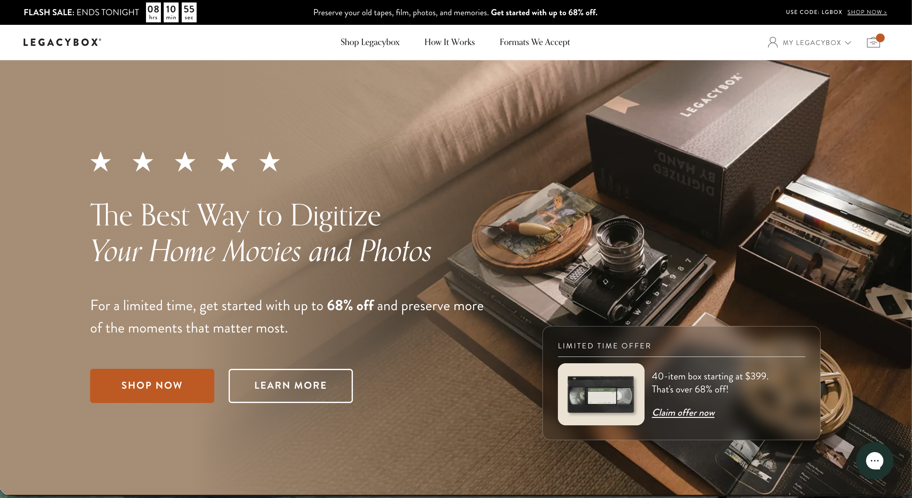 Legacybox homepage hero with competing discount signals